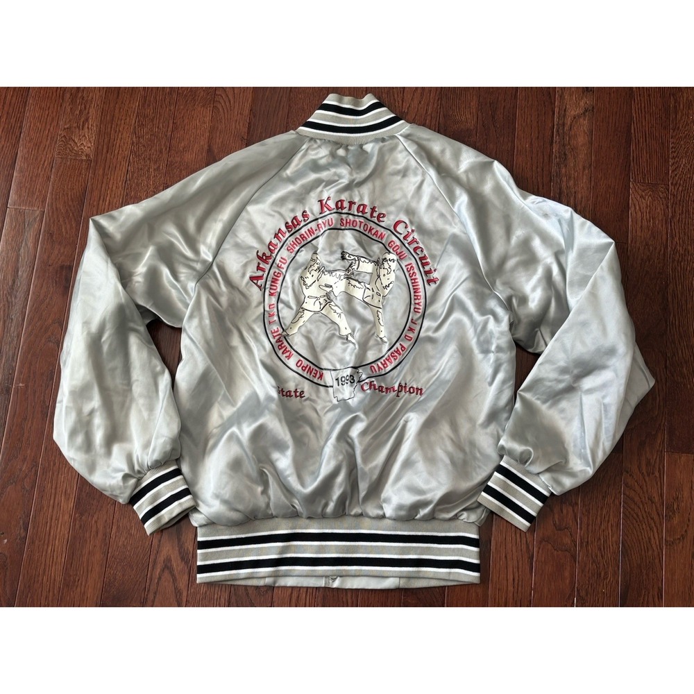 Vintage 90s Arkansas Karate Silver Satin Bomber Jacket Small